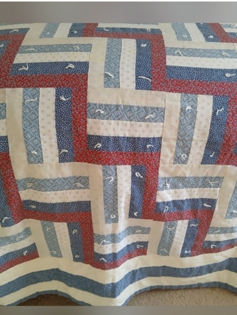 Patchwork Quilt Rail Fence Pattern with Red and Blue Accents Vintage Q/K
